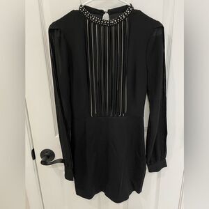 Black Rhinestone Beaded Fringe Front Split Sleeve Mini Dress Women’s Size S
